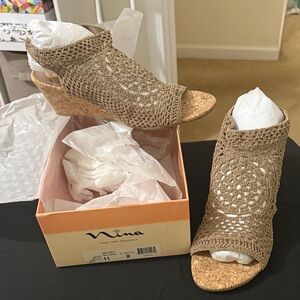 Nina Tan Crochet Open-Toe Wedge Sandals